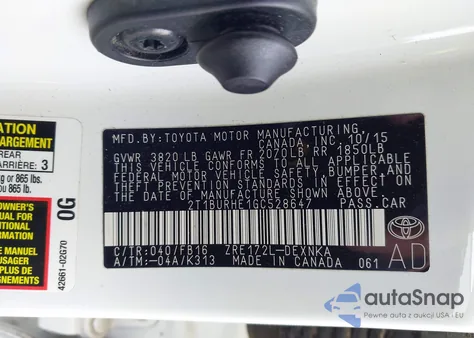 2016 Toyota Corolla Le from USA, damaged, VIN 2T1BURHE1GC528647